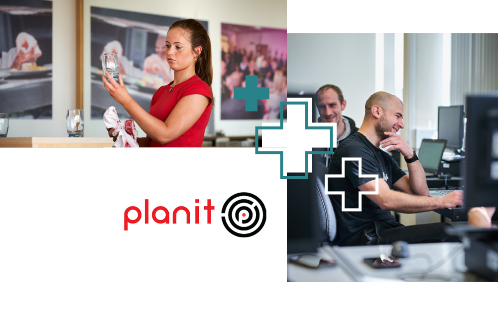 Various student in class and the Plan It Plus logo