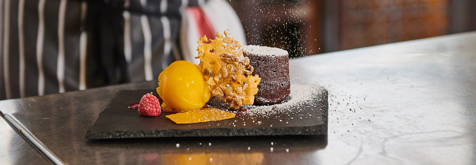 Picture of delicious looking chocolate cake and sorbet