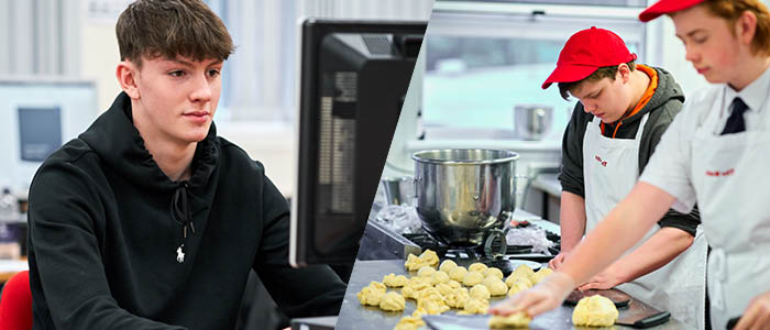 student on a computer and in the kitchen